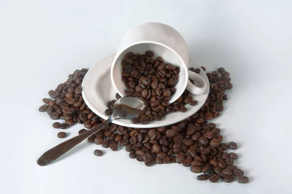 Coffee Cup Beans Old Kitchen Table Top View Copyspa — Stock Photo, Image