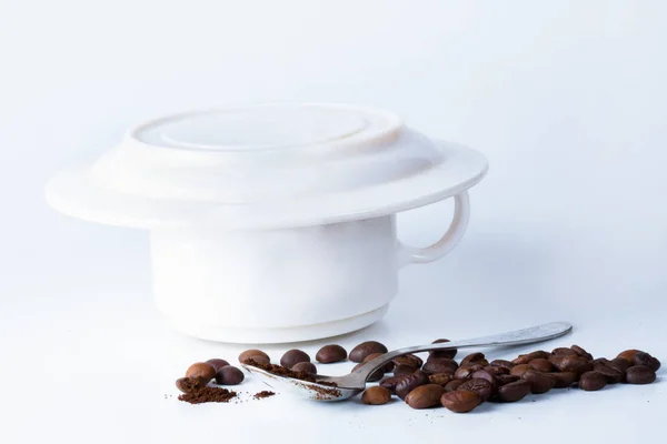 Kaffeetasse Und Bohnen Auf Altem Küchentisch Ansicht Von Oben Mit — Stockfoto