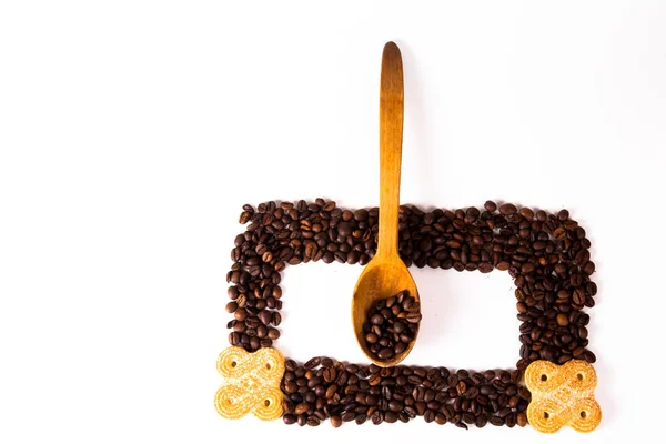 Coffee cup and beans on old kitchen table. Top view with copyspa Stock Photo