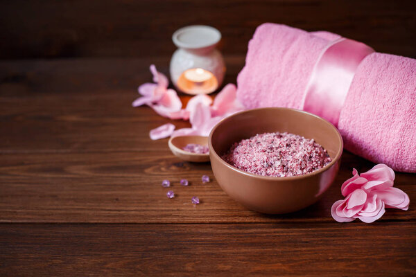 Beautiful spa composition with  flowers on table close up