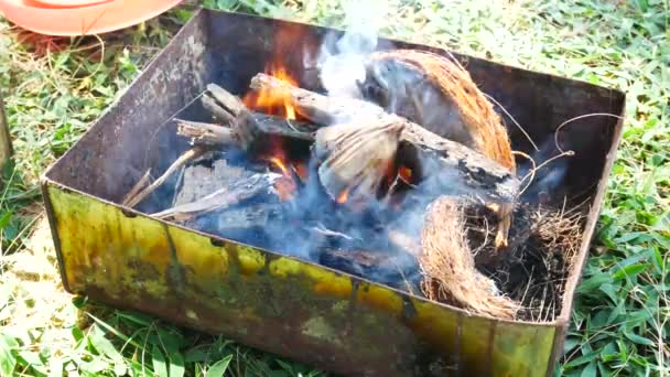 Oheň na vaření nebo grilování, gril s dřevěným uhlím — Stock video