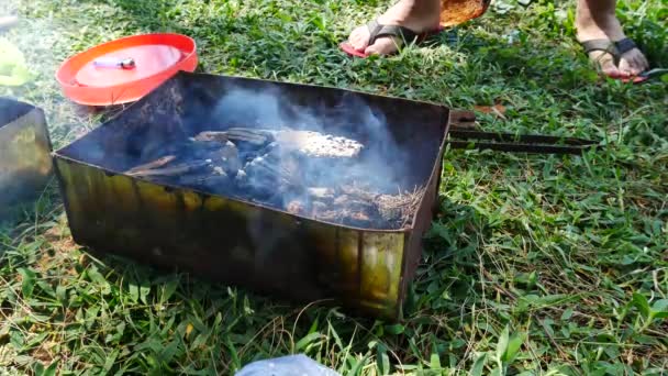 Fogo para cozinhar ou churrasco, grelhar com carvão vegetal — Vídeo de Stock