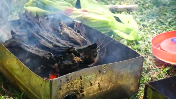 Fuego para cocinar o barbacoa, parrilla con carbón — Vídeo de stock