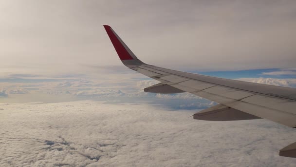 Una vista desde el avión. El avión vuela a través de las nubes . — Vídeo de stock