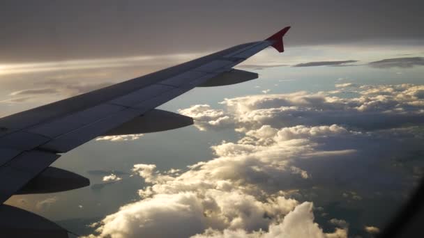 Una vista desde el avión. El avión vuela a través de las nubes . — Vídeos de Stock