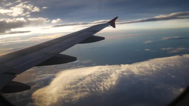 Una vista desde el avión. El avión vuela a través de las nubes . — Vídeos de Stock