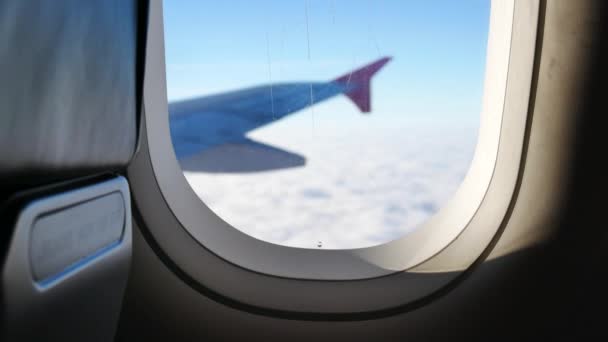 Una vista desde el avión. El avión vuela a través de las nubes . — Vídeo de stock