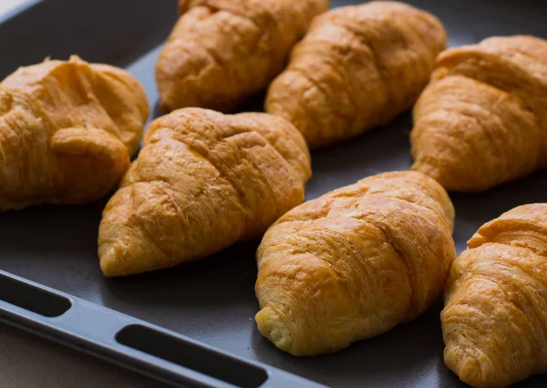 Kahvaltıda servis edilen müşteriler için kruvasanlar ocaktan çıktıktan sonra tepside.