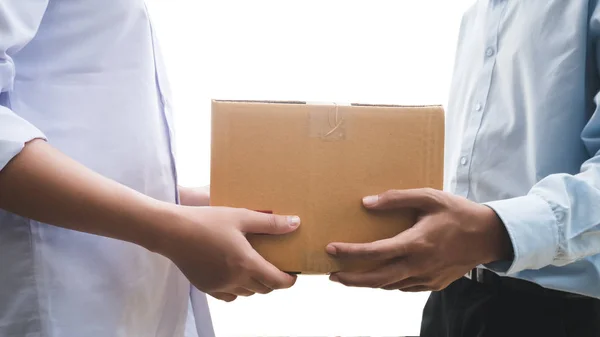 Close Hand Asia Woman Receive Box Delivery Man Delivery Service — Stock Photo, Image