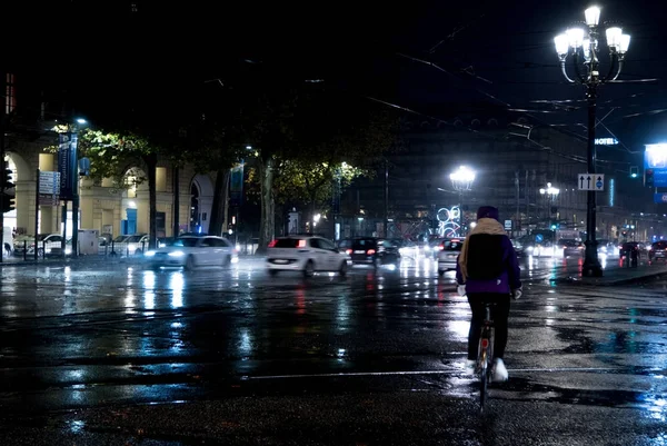 Rainy night in the city of Turin Italy pedestrian crossing — Stock Photo, Image