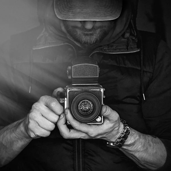 Человек Камерой Черно Белая Фотография Лицензионные Стоковые Фото