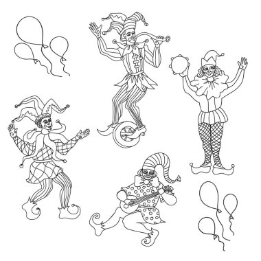 Bir dizi jesters çizimler. Karalamalar. Aptal gün