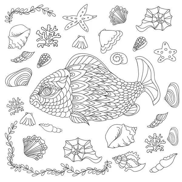 Deniz hayat öğeleri taslağını. Elle çizilmiş karalamalar. 