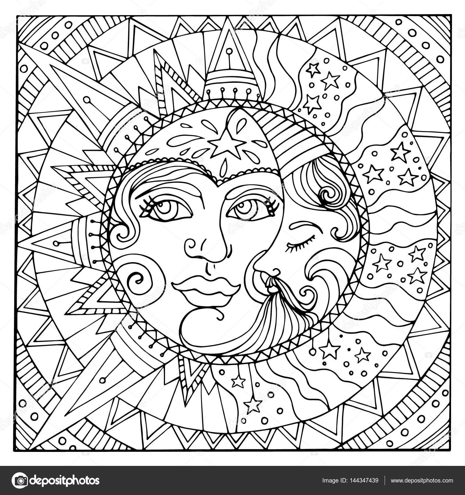 Illustration of vintage stylized magic sun and moon. Hand drawn vector ...