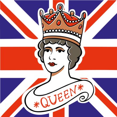 The portrait of Queen of the UK, Canada, Australia, and New Zealand on flag background vector illustration. Illustration can be used for the design of souvenirs, notebooks, posters, postcards, etc. clipart