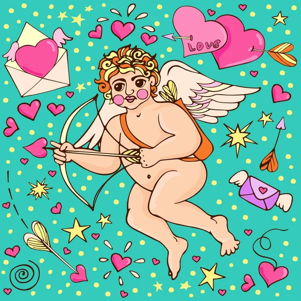 Un conjunto de ángel y corazón. Colección Día de San Valentín. Bosquejo ángel o niño pequeño cupido vector ilustración dibujada a mano. Doodles. . — Vector de stock