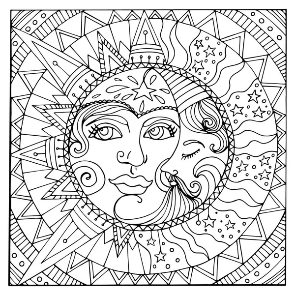Illustration of vintage stylized magic sun and moon. Hand drawn vector. Can be used for cards, invitations, fabrics, wallpapers, scrap-booking, ornamental template for design and decoration, etc — Stock Vector