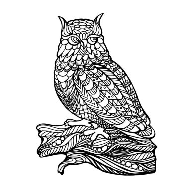 Cute baykuş kroki süsleme ile oturuyor. El vektör boho resimde çekilmiş. Siyah ve beyaz zentangle sanat. Etnik desenli gösterim amacıyla antistress t-shirt boyama kitabı, dövme, poster, yazdırma,.