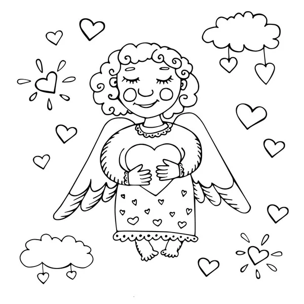 Ange dans les nuages embrassant le cœur. Carte pour la Saint-Valentin — Image vectorielle