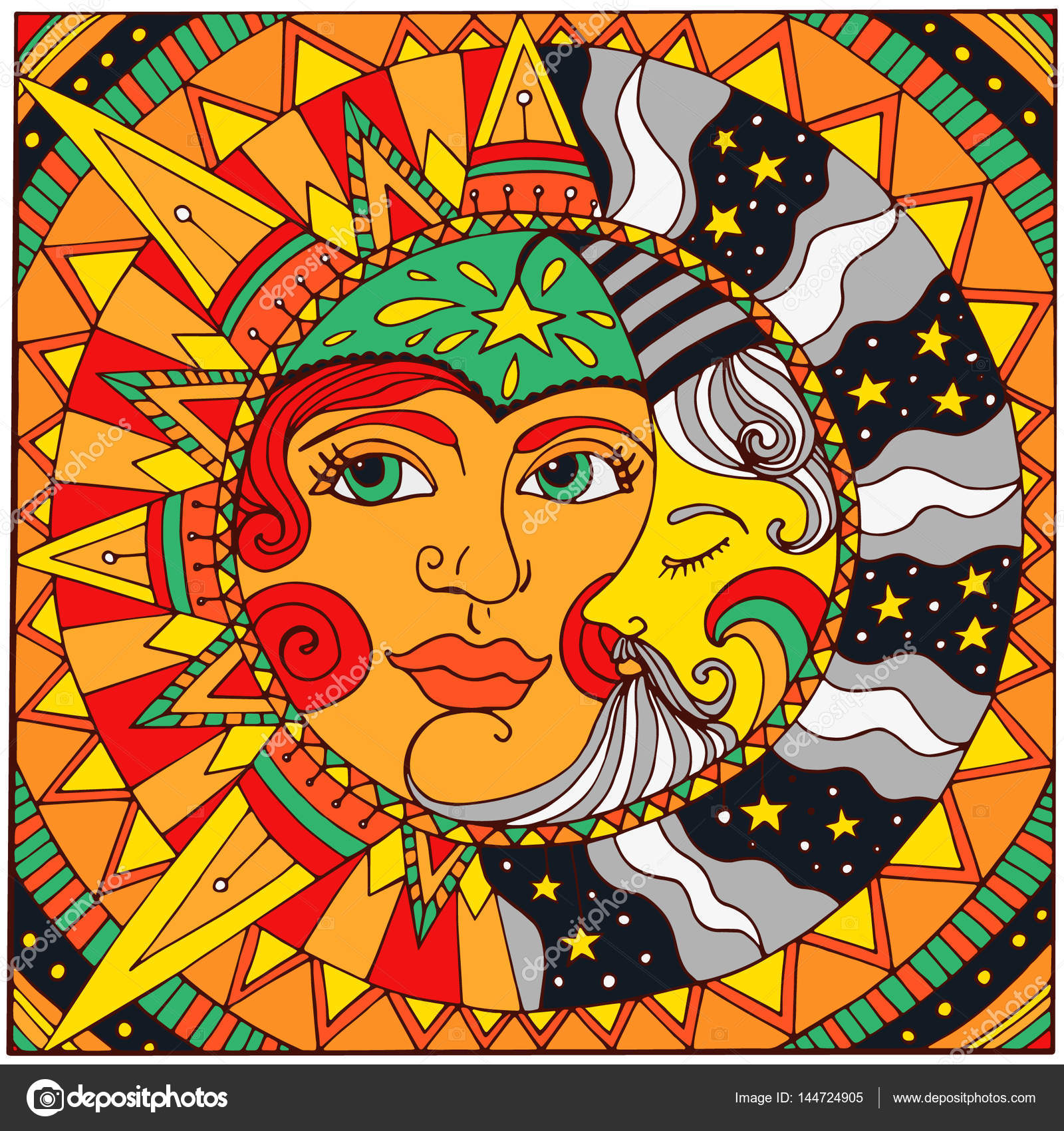 Illustrazione dell annata stilizzato magico sole e luna Vettore disegnato a mano Pu²