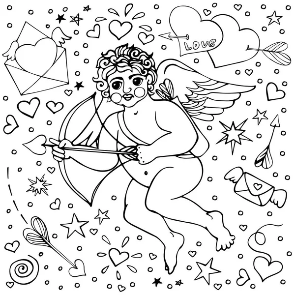 Bir dizi melek ve kalp. Koleksiyon Sevgililer günü. Melek veya aşk tanrısı küçük çocuk vektör çizim elle çizilmiş kroki. Karalamalar. Yetişkin için boyama kitabı. — Stok Vektör
