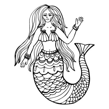 Güzel genç deniz kızı vektör çizim eldir. İllüstrasyon kapak, kartvizit, logo, afiş, anti-stres boyama kitabı için arka plan için kullanılabilir.