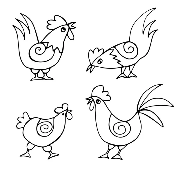 Набор каракулей забавных цыплят и петухов, нарисованных вручную. Птицы изолированы на белом фоне. Раскрашенная векторная иллюстрация — стоковый вектор