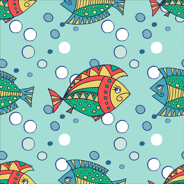 Hellen dekorativen Fisch handgezeichneten Vektor. nahtloser Hintergrund. Abbildung kann für Einband, Karte, Hintergrund für Poster, Stoffe, Tapeten, Textilien verwendet werden — Stockvektor