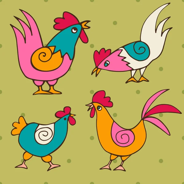 Un juego de garabatos de divertidos pollos y gallos dibujados a mano. Aves aisladas sobre fondo de color. Ilustración vectorial pintado — Archivo Imágenes Vectoriales