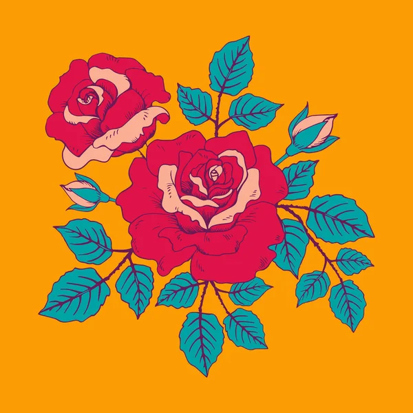 Schöner Strauß mit roten Rosen und Blättern. Blumenschmuck. Design-Grußkarte und Einladung zur Hochzeit, Geburtstag, Valentinstag, Muttertag und anderen Feiertagen — Stockvektor