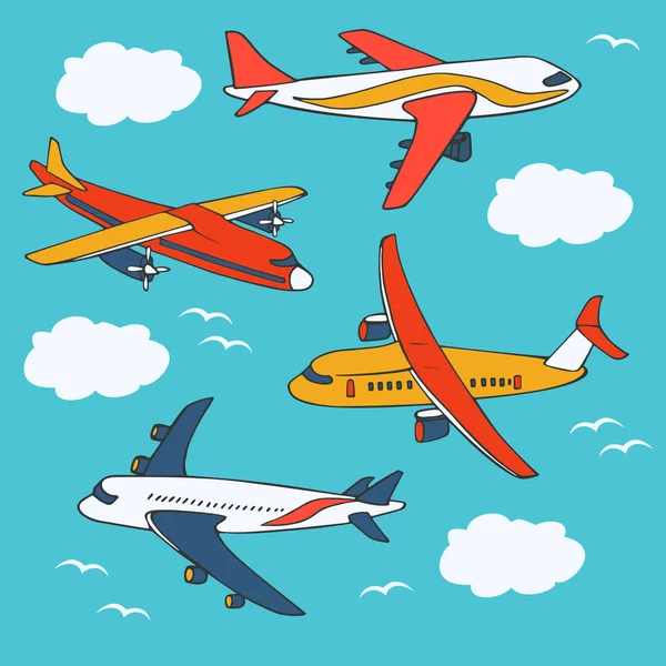 Conjunto de diferentes tipos de aviões. Ilustração vetorial plano isolado . — Vetor de Stock