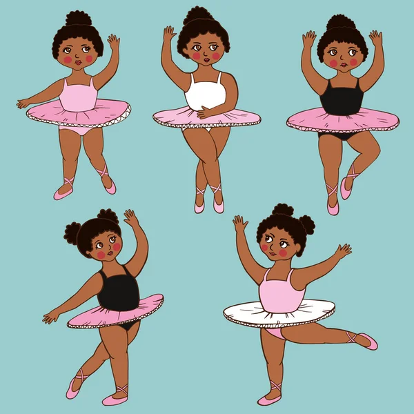 Conjunto de ilustraciones vectoriales con pequeñas bailarinas africanas lindas. Clip art personajes lindos, aislado. La ilustración se puede utilizar para la cubierta, tarjeta, fondo para el cartel, telas, papel pintado, textiles — Archivo Imágenes Vectoriales