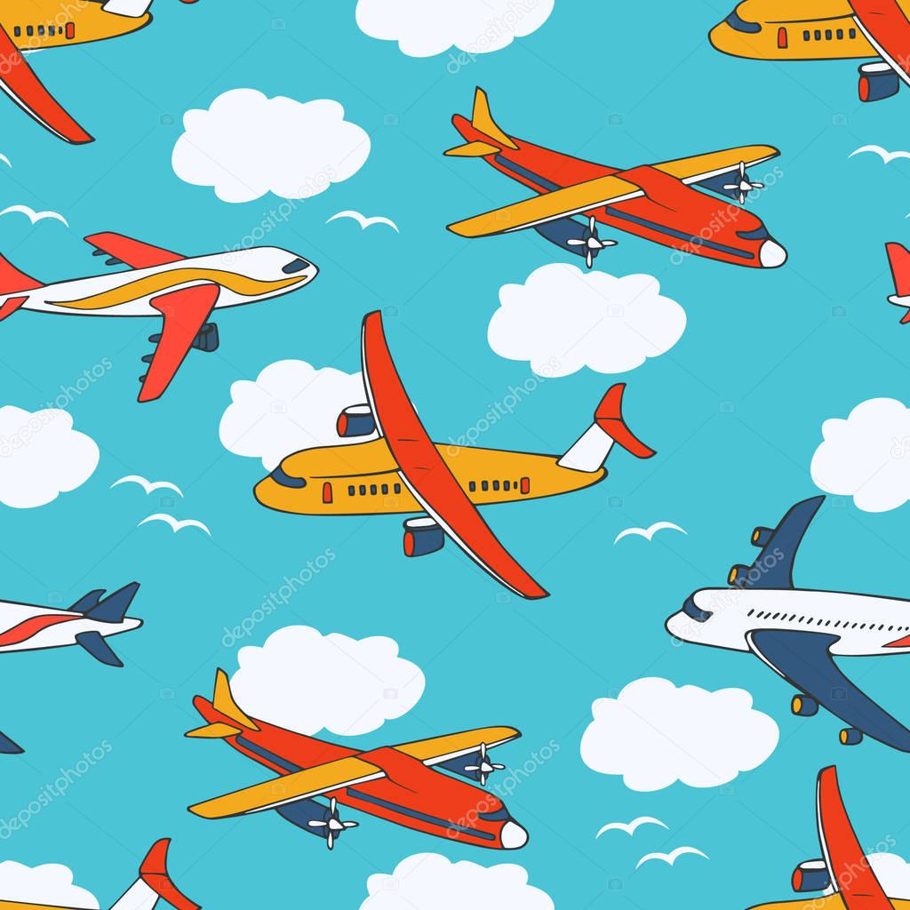 Seamless background with bright airplanes in the sky with clouds and seagulls. The illustration can be used for the design of children's clothing, wrapping paper, wallpaper, stationery and so on.