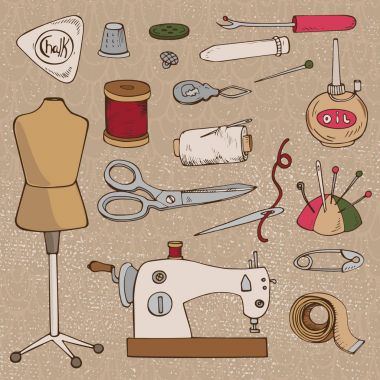 Dikiş aksesuarları. Vektör terzi simgeler kümesi izole, tasarım öğesi. Renkli el çizim kroki. Vintage yalıtılmış nesne. Vektör el malzemeleri, knitt ekipman yaptı. Tasarım şablonu.