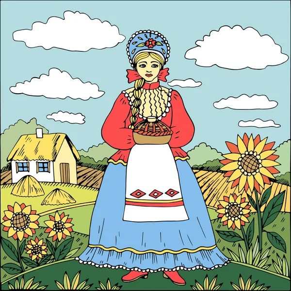 Cossaco em roupas nacionais recebe os hóspedes com pão e sal. Ilustração feita no estilo russo. Pode ser usado para impressões, cartões, tecido, lembranças, cartazes, cadernos . — Vetor de Stock
