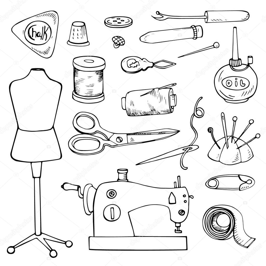 SEWING ACCESSORIES. Set of vector tailor icons isolated on white, design element.Page for coloring book