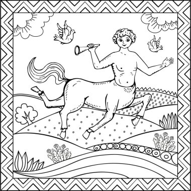 Centaur. At vücut ile insan savaşçı. Fantezi büyülü yaratıklar koleksiyonu. El vektör çizim çekilmiş. Oyulmuş çizgi sanat çizim, grafik efsanevi doodle. Kart oyunu, poster için şablon