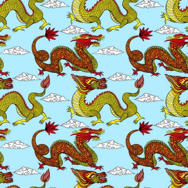 Dikişsiz desen tasarım geleneği Asya Dragon illüstrasyon. Asias dört küçük ejderha. 
