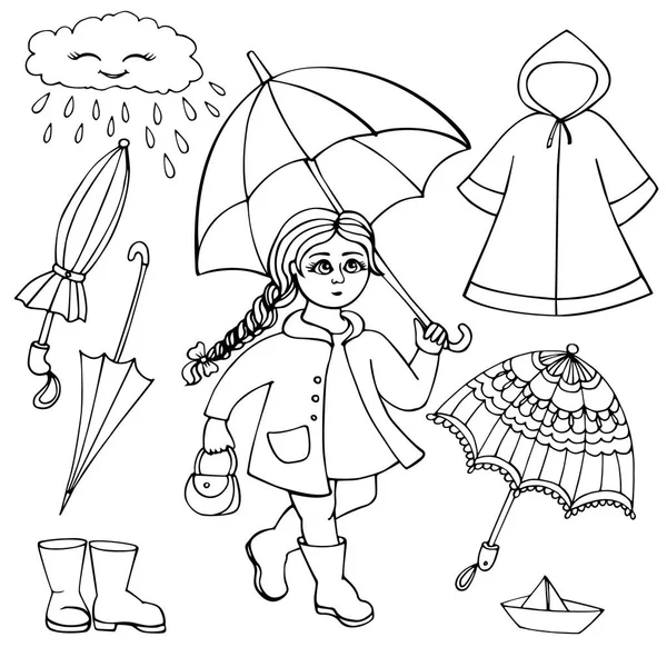 Conjunto de roupas e acessórios para o tempo chuvoso. Menina com guarda-chuva brilhante, capa de chuva, botas de borracha —  Vetores de Stock