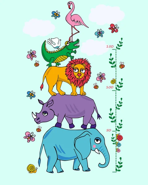 Africká zvířata, vektorové ilustrace. Samolepka na zeď metr výšky dětí, děti opatření. — Stockový vektor
