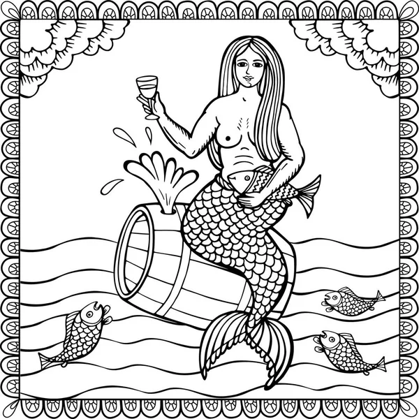 Una sirena en un barril de vino. Ilustración dibujada a mano en vector. La imagen se puede utilizar para el diseño de carteles, etiquetas de productos vitivinícolas — Archivo Imágenes Vectoriales