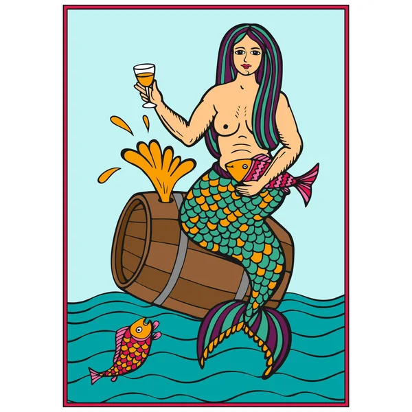 Una sirena en un barril de vino. Ilustración dibujada a mano en vector. La imagen se puede utilizar para el diseño de carteles, etiquetas de productos vitivinícolas — Archivo Imágenes Vectoriales