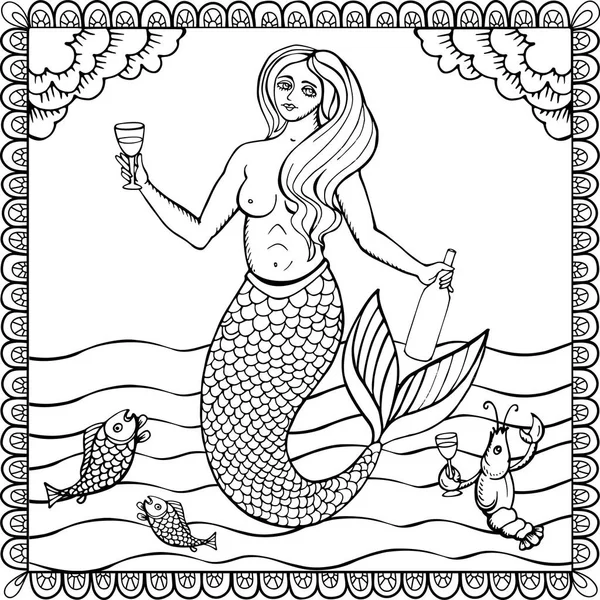 Una sirena con la botella de vino. Ilustración dibujada a mano en vector. La imagen se puede utilizar para el diseño de carteles, etiquetas de productos vitivinícolas — Archivo Imágenes Vectoriales