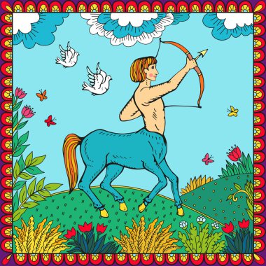 Centaur. İnsan at vücut ile. Fantezi büyülü yaratıklar koleksiyonu. El vektör çizim çekilmiş. Oyulmuş çizgi sanat çizim, grafik efsanevi doodle. Kart oyunu, poster Rus tarzı için şablon.