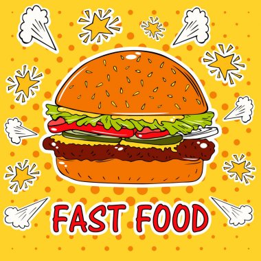 Burger pop sanat illüstrasyon vektör el çekilmiş. Fast food. Retro tarzı. Sağlıklı ve sağlıksız gıda. Restoran iş. Bir sandviç çizgi roman tarzı retro bir arka plan üzerinde renkli görüntü