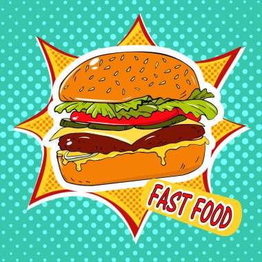 Burger pop sanat illüstrasyon vektör el çekilmiş. Fast food. Retro tarzı. Sağlıklı ve sağlıksız gıda. Restoran iş. Bir sandviç çizgi roman tarzı retro bir arka plan üzerinde renkli görüntü