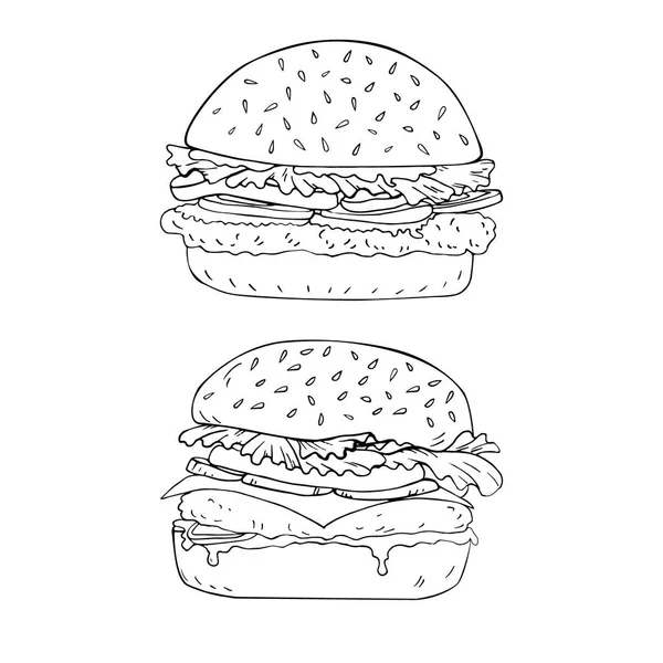 Mano de hamburguesa dibujada en vector. Página para colorear — Vector de stock