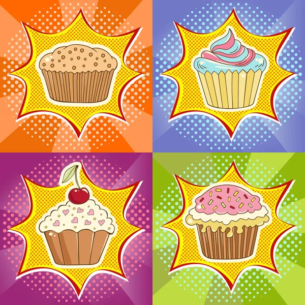 A vektor, pop-art stílusban készült sütemények. Az ábrán látható módon használható tervezési kávézó, gyorsétterem, képeslapok, flayers, plakátok, stb. — Stock Vector