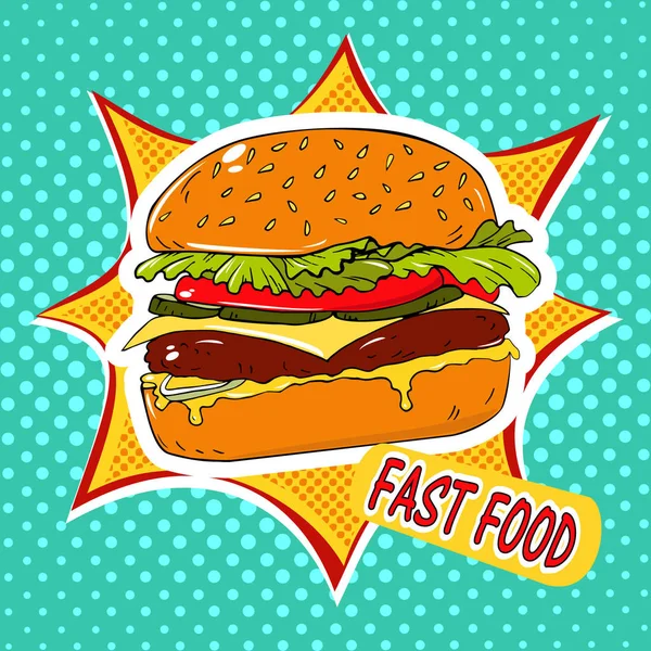 Burger pop sanat illüstrasyon vektör el çekilmiş. Fast food. Retro tarzı. Sağlıklı ve sağlıksız gıda. Restoran iş. Bir sandviç çizgi roman tarzı retro bir arka plan üzerinde renkli görüntü