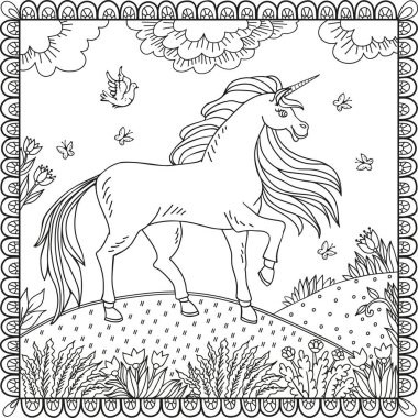 Çiçek, çimen ve diğer bitkiler fantastik bir dünyada, çizim arka plan üzerinde muhteşem bir tek boynuzlu at ile. Boyama kitabı